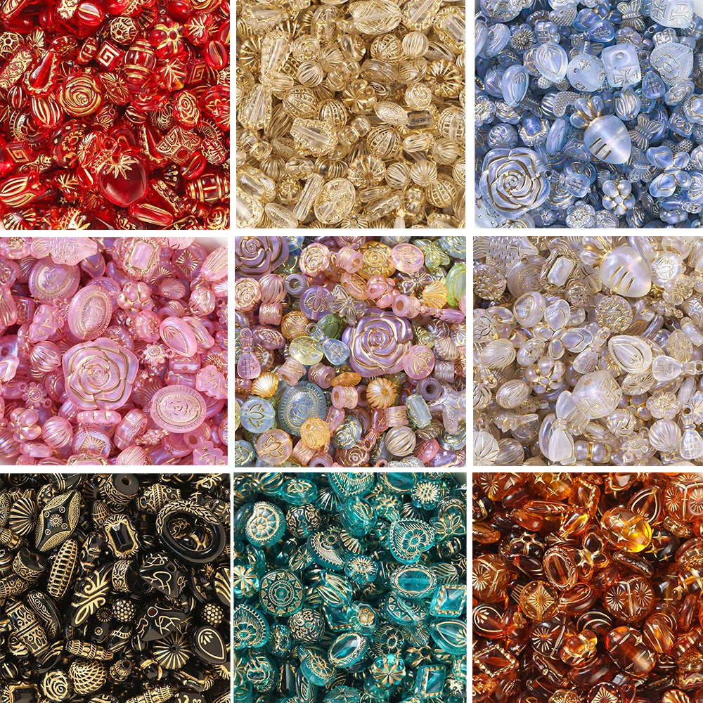 A 3x3 grid showing nine different color and style options of decorative glass beads. The colors include red, gold, blue, pink, iridescent purple, clear/white, black, teal, and amber.