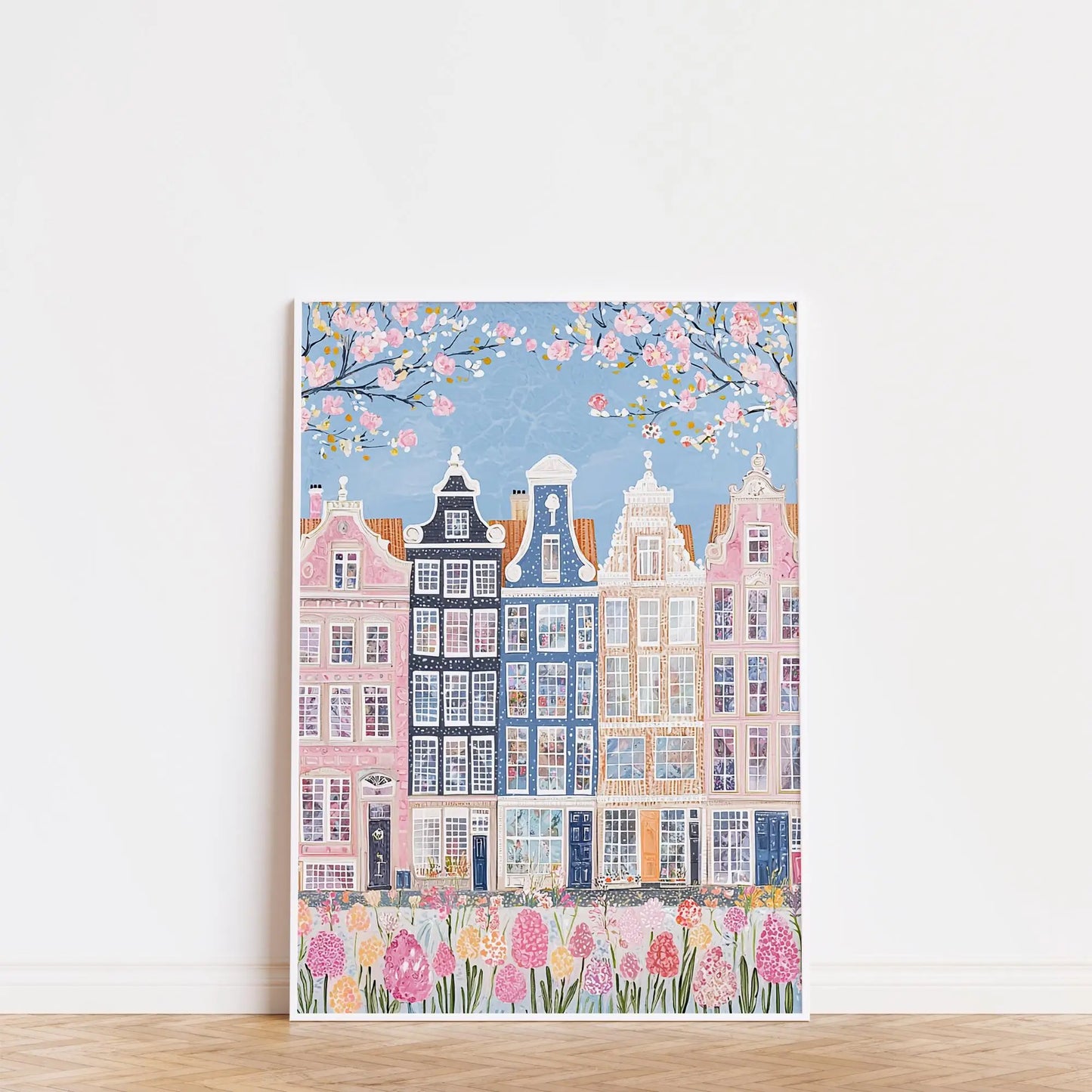1pc Modern Cityscape Travel Mural Pink Flowers Nature Landscape Buildings Art Poster European City Mural Unframed Home Decor