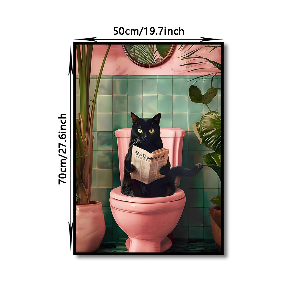 Bathroom Cat Reading on Toilet Canvas Wall Art Print Poster Funny Animal Decor Painting Home Room Decor Gift Unframed