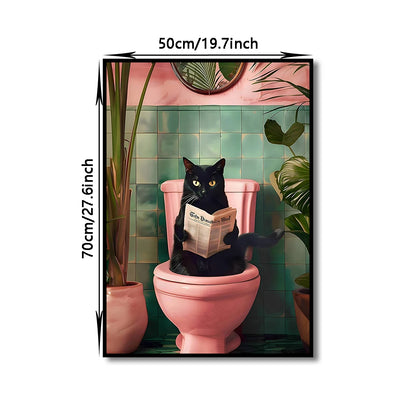 Bathroom Cat Reading on Toilet Canvas Wall Art Print Poster Funny Animal Decor Painting Home Room Decor Gift Unframed