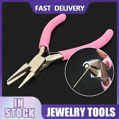 Pink jewelry pliers with a close-up inset on a black background, labeled 'Jewelry Tools' and 'Fast Delivery'.