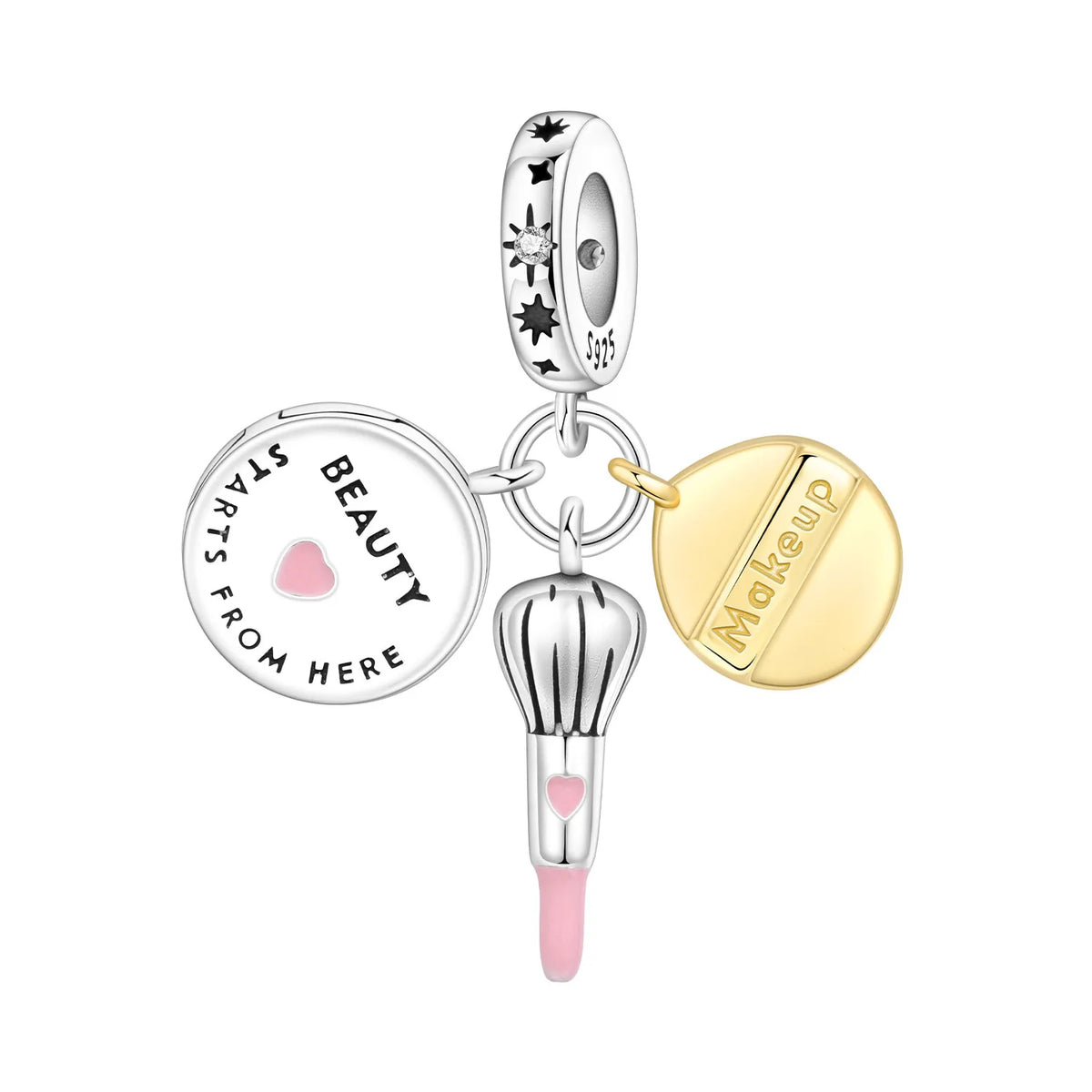 Jewelry charm with 'Beauty Starts from Here' and 'Makeup' text on a white background