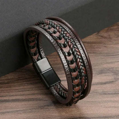 Men’s Multilayer Leather Bracelet | Handwoven Design with Magnetic Alloy Clasp