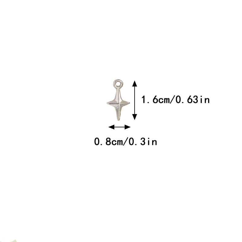 A small silver-toned star-shaped jewelry charm with a loop at the top, shown with black dimension arrows and text indicating 1.6cm/0.