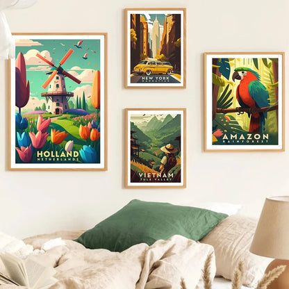 World Travel Cities Posters Prints Rome Japan Paris Travel Landmark Landscape Canvas Painting Wall Art Living Room Home Decor