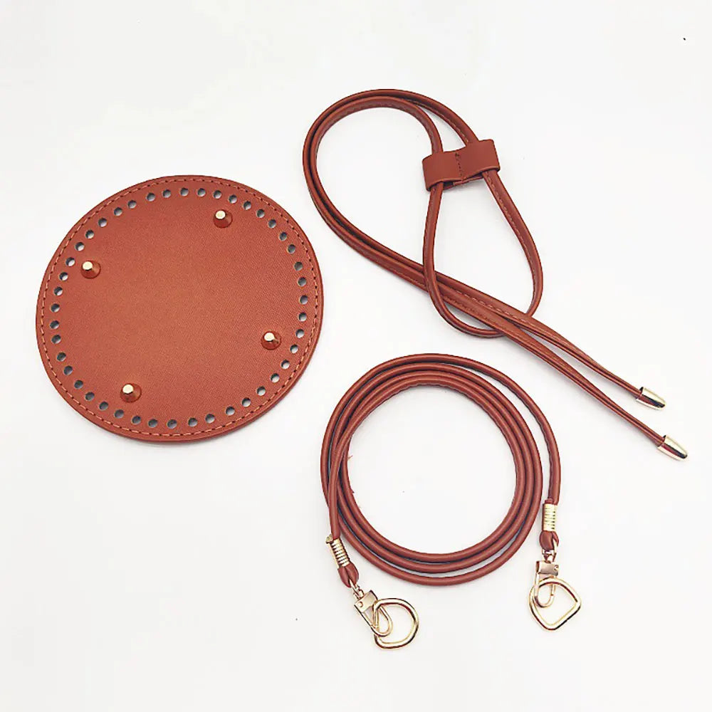 Brown leather lanyard with round leather patch on a white background