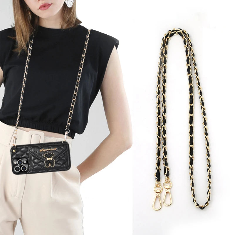 Black handbag with gold chain strap worn by a person, with the chain strap displayed separately on a white background.