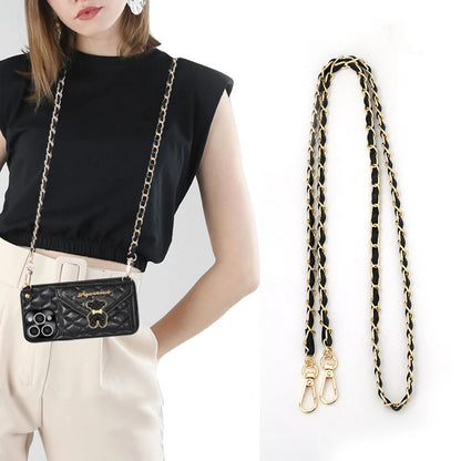 Black handbag with gold chain strap worn by a person, with the chain strap displayed separately on a white background.