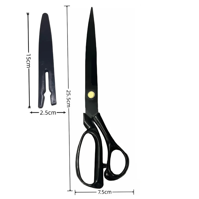 Black scissors with dimension annotations showing the blade length of 25.5cm, handle width of 7.