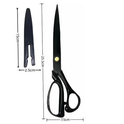Black scissors with dimension annotations showing the blade length of 25.5cm, handle width of 7.