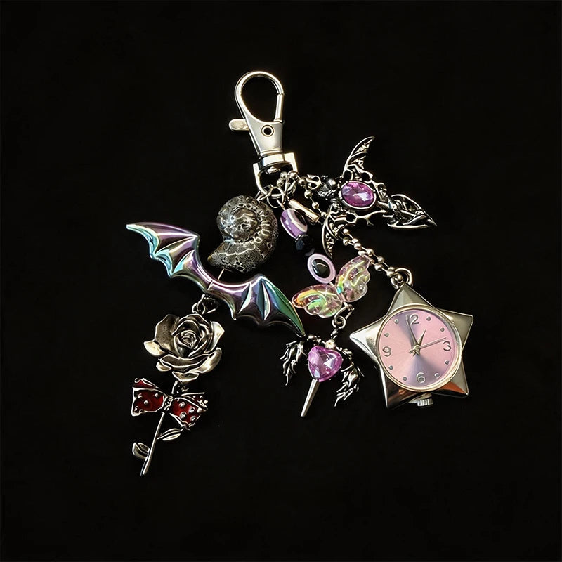 Heart Watch Bag Charm | Functional Clock Keychain | Purse & Backpack Charm with Heart, Key & Crystal Accents