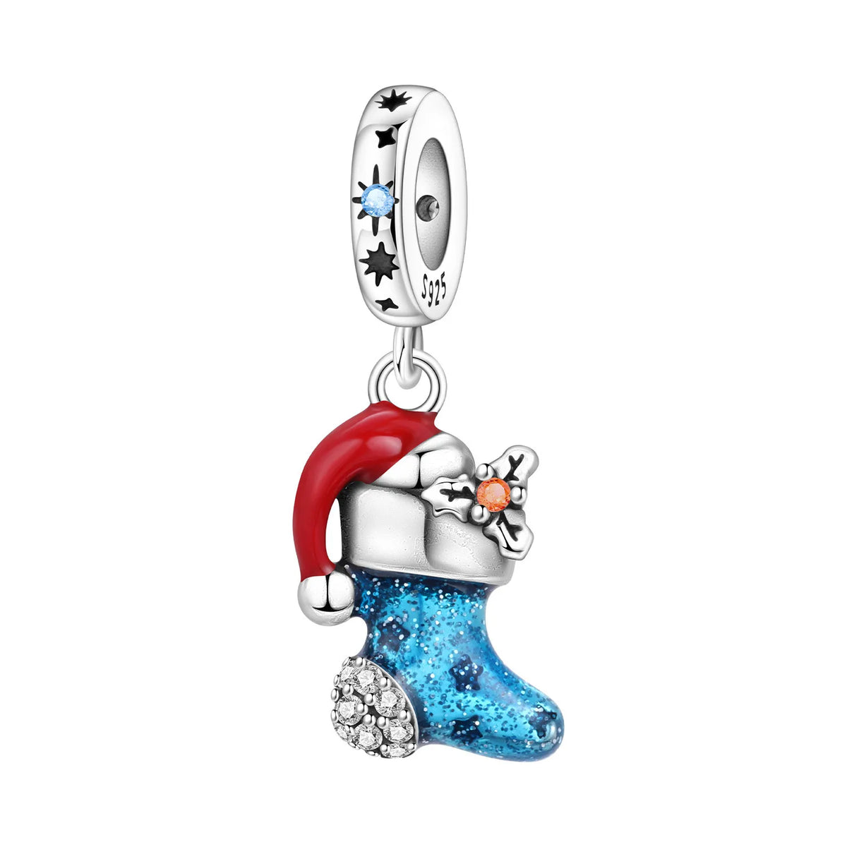 Charm shaped like a blue Christmas stocking with a red hat on a white background