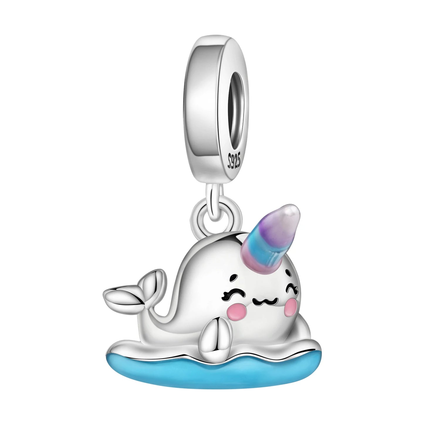 Silver narwhal charm with a unicorn horn on a white background