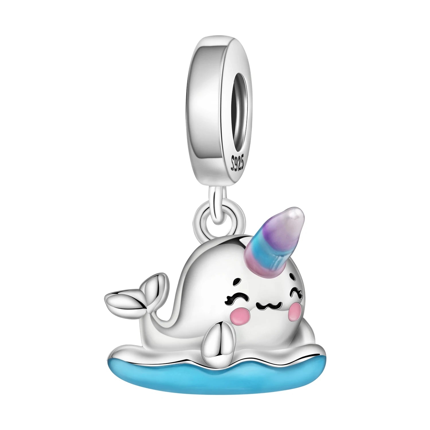 Silver narwhal charm with a unicorn horn on a white background