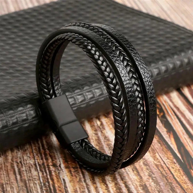 Men’s Multilayer Leather Bracelet | Handwoven Design with Magnetic Alloy Clasp