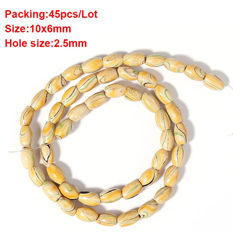 String of yellow marbled beads with size and hole size information on a white background