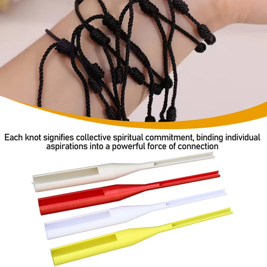 Black cord knotted wrist bindi bracelet shown worn on a wrist, with explanatory text and four small colored plastic tools below on a white background.