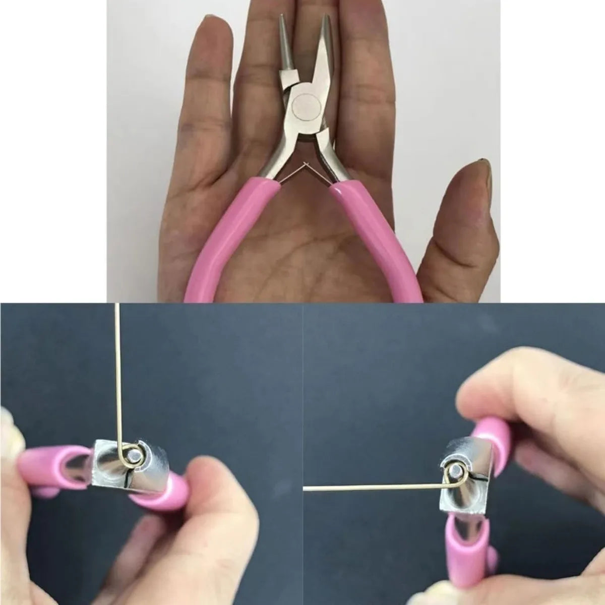 Pink jewelry pliers held in a hand with close-up shots of the tool on a white background.