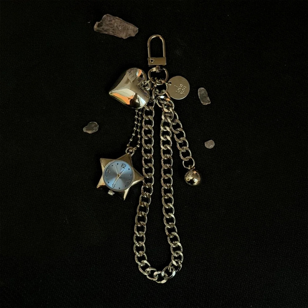 Heart Watch Bag Charm | Functional Clock Keychain | Purse & Backpack Charm with Heart, Key & Crystal Accents