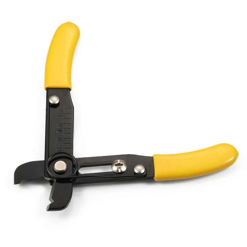 A pair of wire stripping pliers with bright yellow handles and a black metal body, shown open on a plain white background.