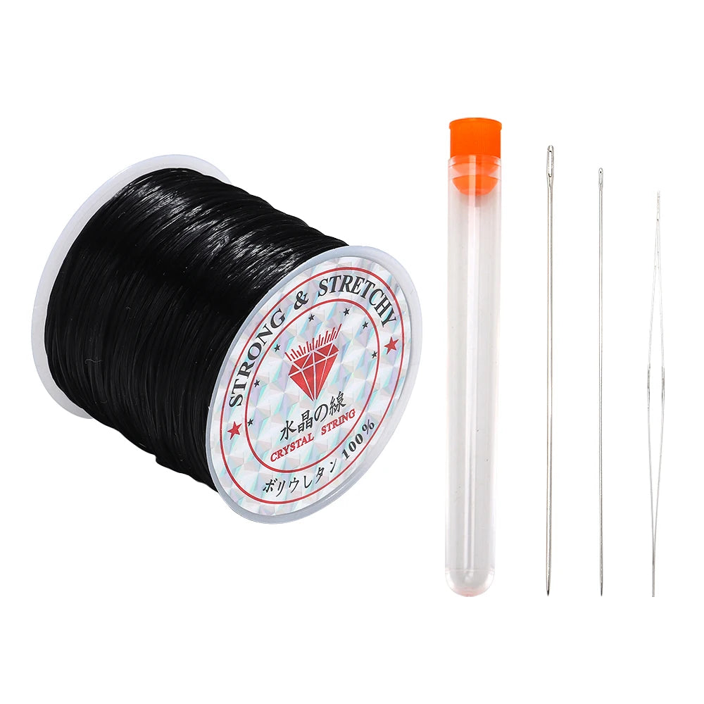 Spool of black thread with a label, a clear tube with an orange cap, and two needles on a white background.