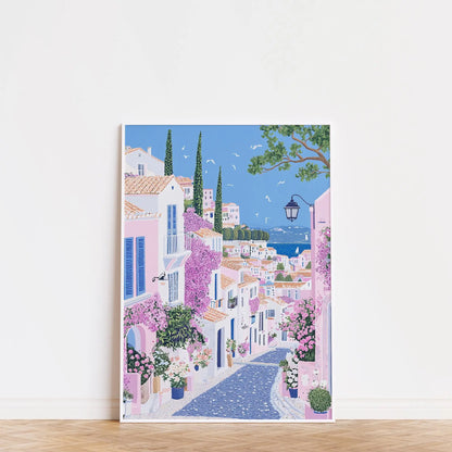 1pc Modern Cityscape Travel Mural Pink Flowers Nature Landscape Buildings Art Poster European City Mural Unframed Home Decor