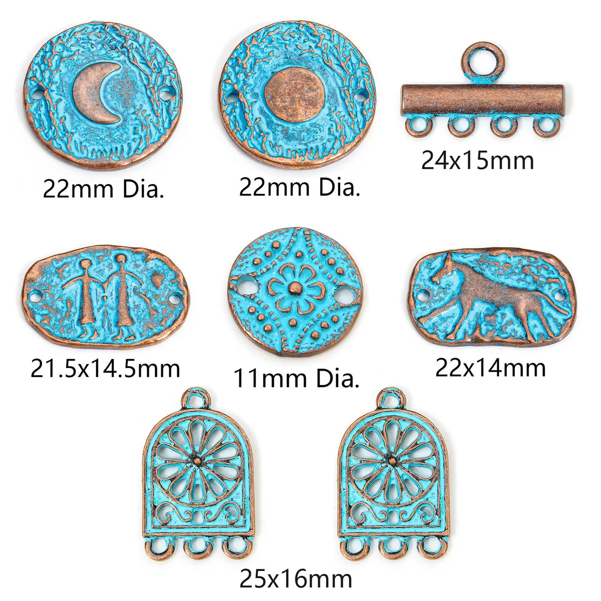 Seven turquoise and bronze-colored metal jewelry findings or charms are shown on a white background with size labels beneath each piece. The set includes round and oval motifs, one bar with loops, and two arched floral pieces.