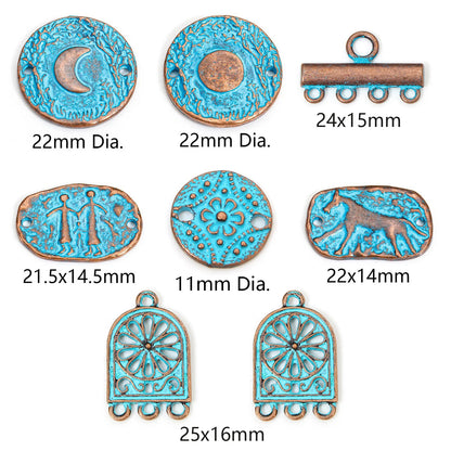 Seven turquoise and bronze-colored metal jewelry findings or charms are shown on a white background with size labels beneath each piece. The set includes round and oval motifs, one bar with loops, and two arched floral pieces.