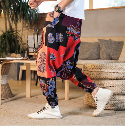 Men Harem Pants Print Retro Drop Crotch Joggers Trousers Men Baggy Loose Nepal Style Men Casual Pants M-5Xl