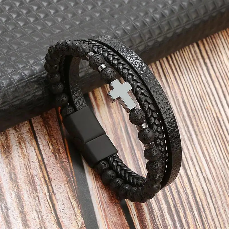 Men’s Multilayer Leather Bracelet | Handwoven Design with Magnetic Alloy Clasp