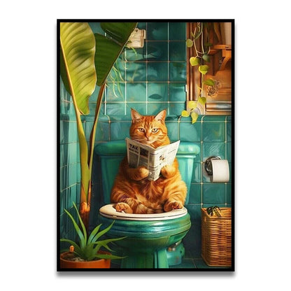 Bathroom Cat Reading on Toilet Canvas Wall Art Print Poster Funny Animal Decor Painting Home Room Decor Gift Unframed