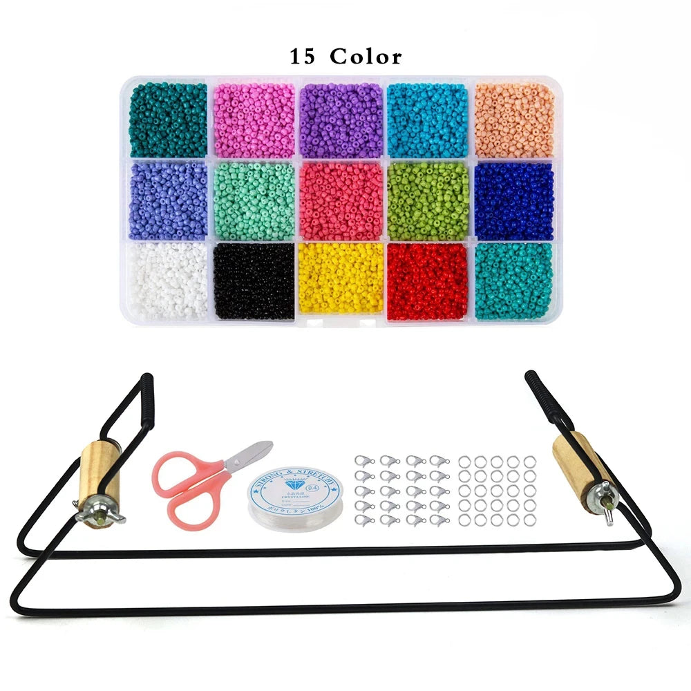 Bead kit with colorful beads, scissors, thread, and needles on a white background