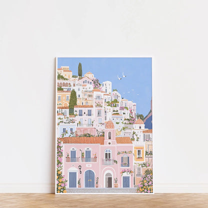 1pc Modern Cityscape Travel Mural Pink Flowers Nature Landscape Buildings Art Poster European City Mural Unframed Home Decor