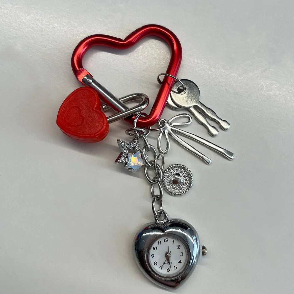 Heart Watch Bag Charm | Functional Clock Keychain | Purse & Backpack Charm with Heart, Key & Crystal Accents