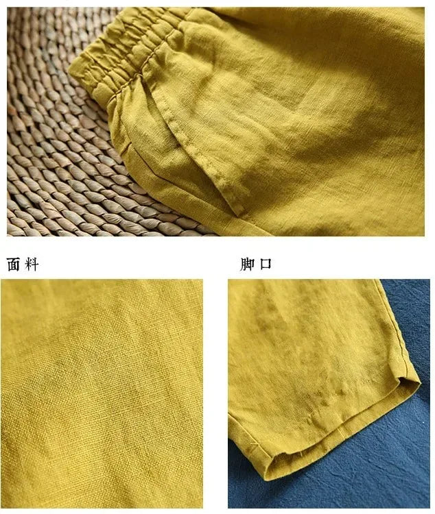 Women Casual Loose Harem Elastic Waist Cotton Linen Pants Ninth Trousers