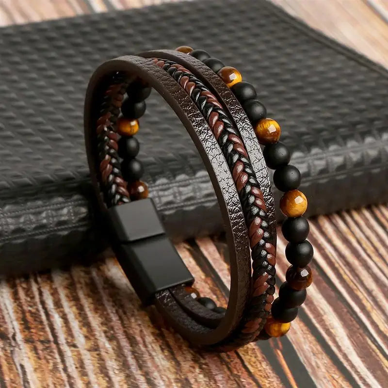 Men’s Multilayer Leather Bracelet | Handwoven Design with Magnetic Alloy Clasp