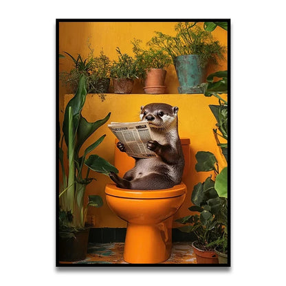Bathroom Cat Reading on Toilet Canvas Wall Art Print Poster Funny Animal Decor Painting Home Room Decor Gift Unframed