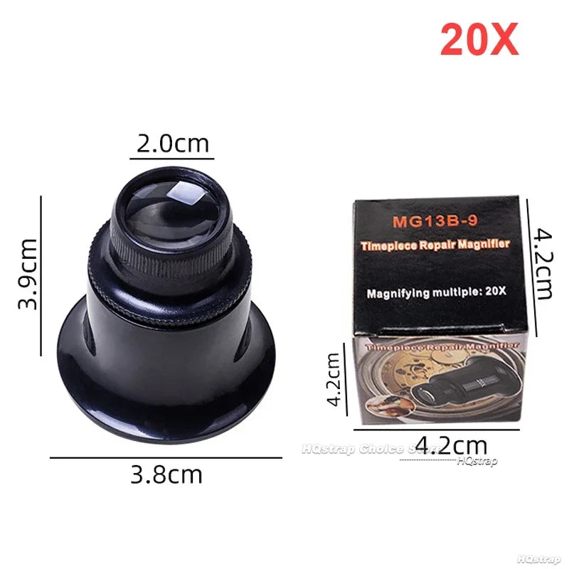 Timepiece repair magnifier with dimensions and packaging on a white background