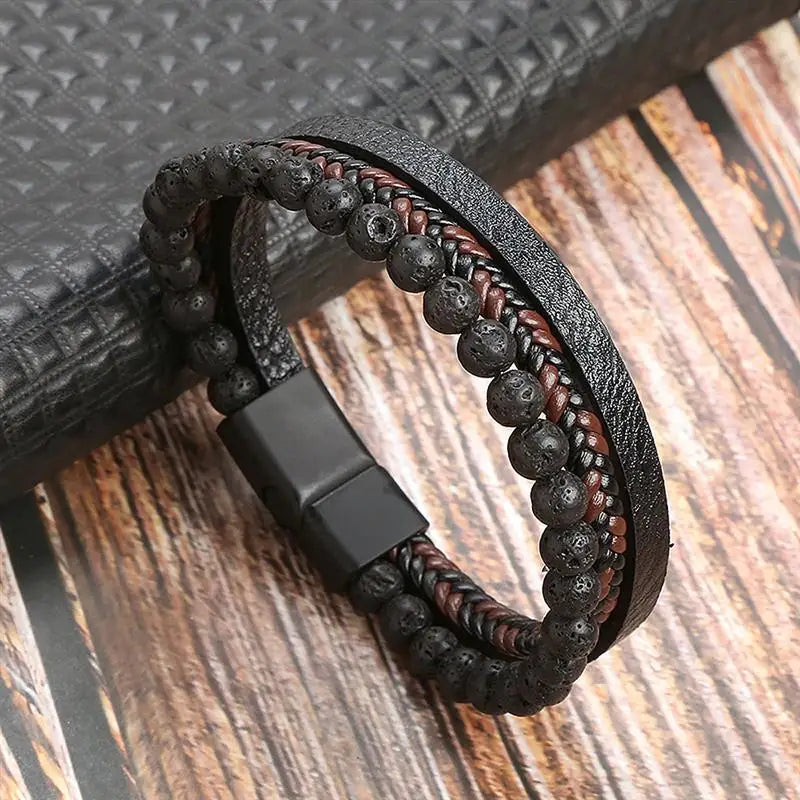 Men’s Multilayer Leather Bracelet | Handwoven Design with Magnetic Alloy Clasp