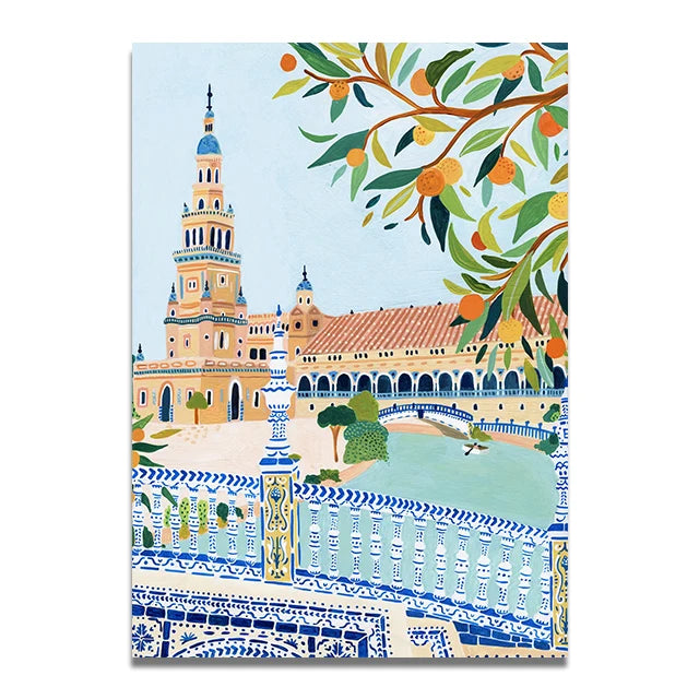 Santorini Lisbon Canvas Wall Art Print Poster Lake Como Central Park Decorative Painting Travel Mural Home Decor Gift Unframed