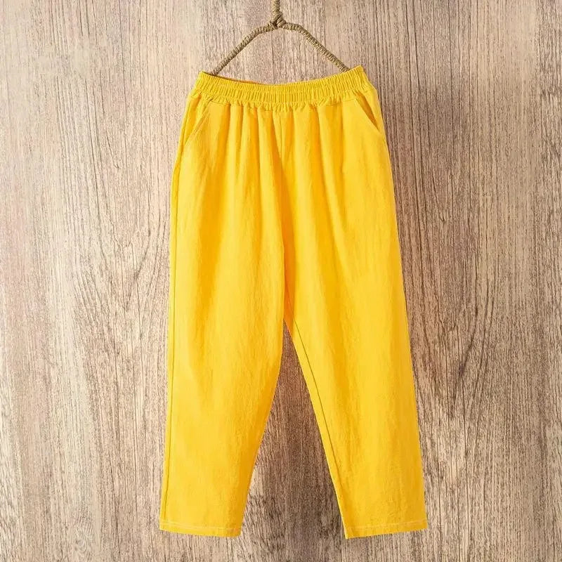 Women Casual Loose Harem Elastic Waist Cotton Linen Pants Ninth Trousers