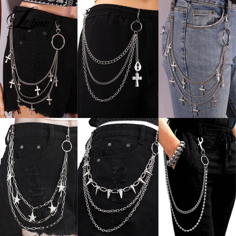Collage of multiple views of a silver chain skirt accessory on various pants.