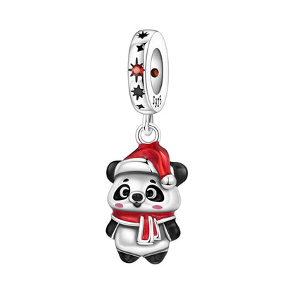 Pandabear charm with a Santa hat and red scarf on a white background