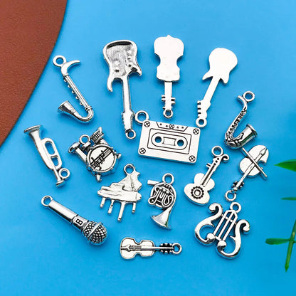 15-Piece Antique Silver Musical Instrument Charms | Guitar, Piano & Violin Pendants | DIY Jewelry Making Supplies