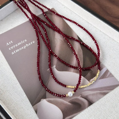 Red Pearl Bead Necklace | Glass Statement Necklace | Elegant Collarbone Jewelry Gift for Women