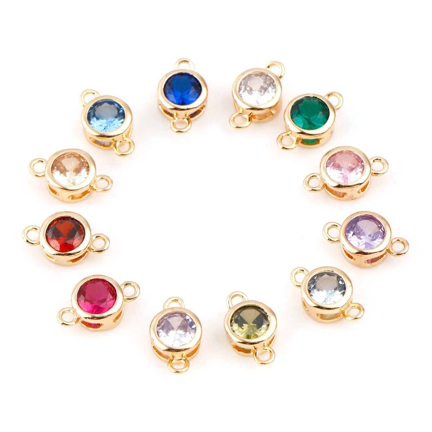Gold Birthstone Connector Charms | Copper Round Cubic Zirconia Links | 2-Piece DIY Necklace, Bracelet & Earring Jewelry Findings