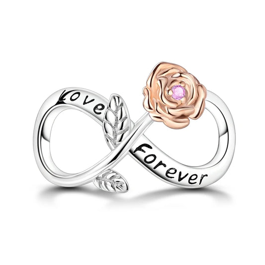 Infinite love charm with rose and 'Love Forever' engraving on a white background