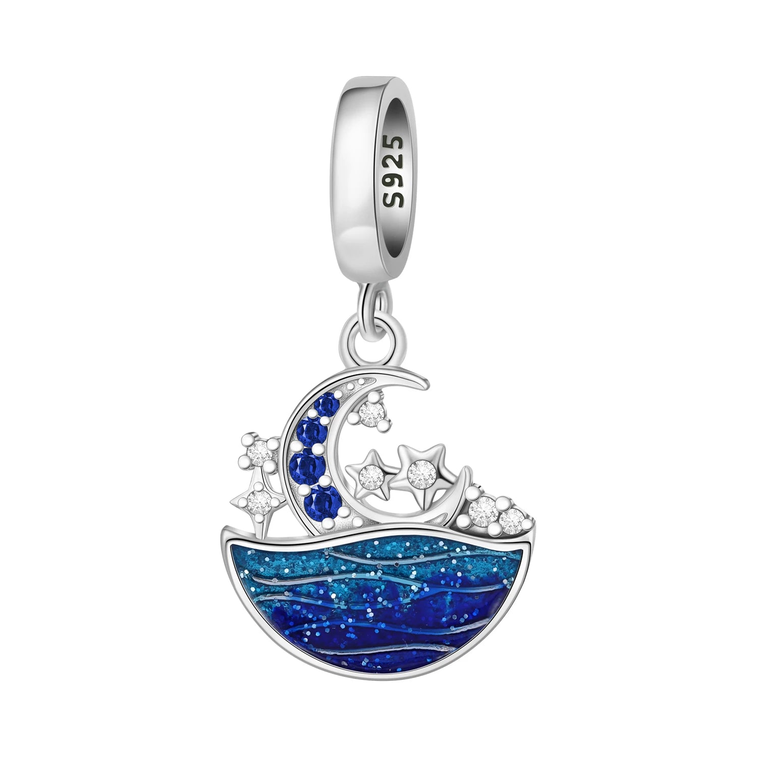 Silver pendant with blue water accents and moon and star details on a white background