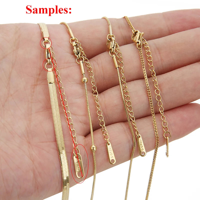 Gold chains displayed on a hand with 'Samples:' text at the top.