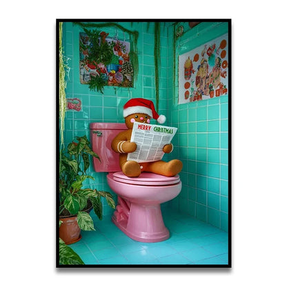 Bathroom Cat Reading on Toilet Canvas Wall Art Print Poster Funny Animal Decor Painting Home Room Decor Gift Unframed